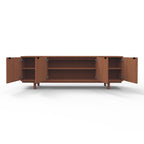 Mid-century modern walnut credenza with three open cabinets revealing spacious shelving inside.