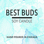 Packaging label displaying "Best Buds Soy Candle" with light blue floral line art background and text "Hand Poured in Chicago