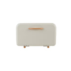 Cream metal bread box with a wooden handle on a white background
