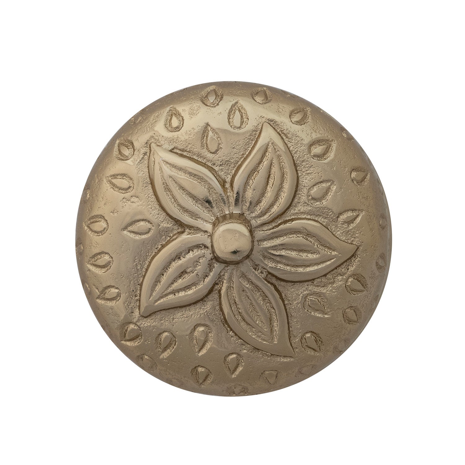 Decorative metal button with floral design on a white background