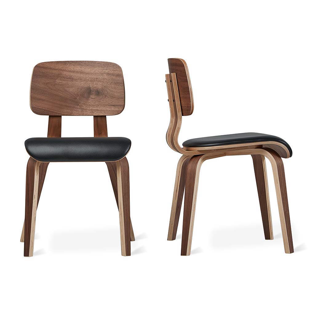 Modern dining chair with black cushioned seat and walnut wood frame shown from front and side views