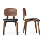 Modern dining chair with black cushioned seat and walnut wood frame shown from front and side views