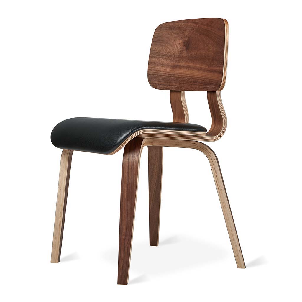 Modern dining chair with curved walnut wood frame and black cushioned seat and backrest