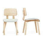 Modern dining chairs with light blonde wood frames and white cushioned seats, shown from front and side views