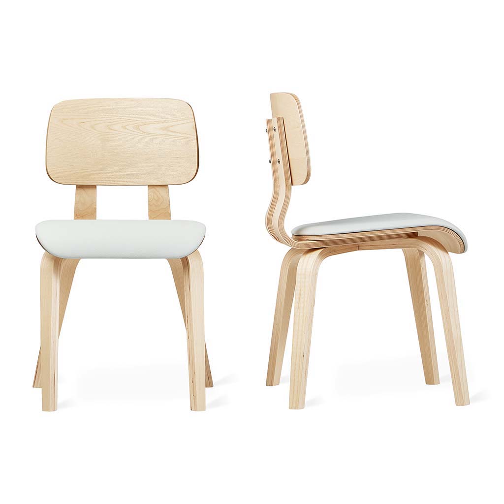 Modern dining chairs with light blonde wood frames and white cushioned seats, shown from front and side views