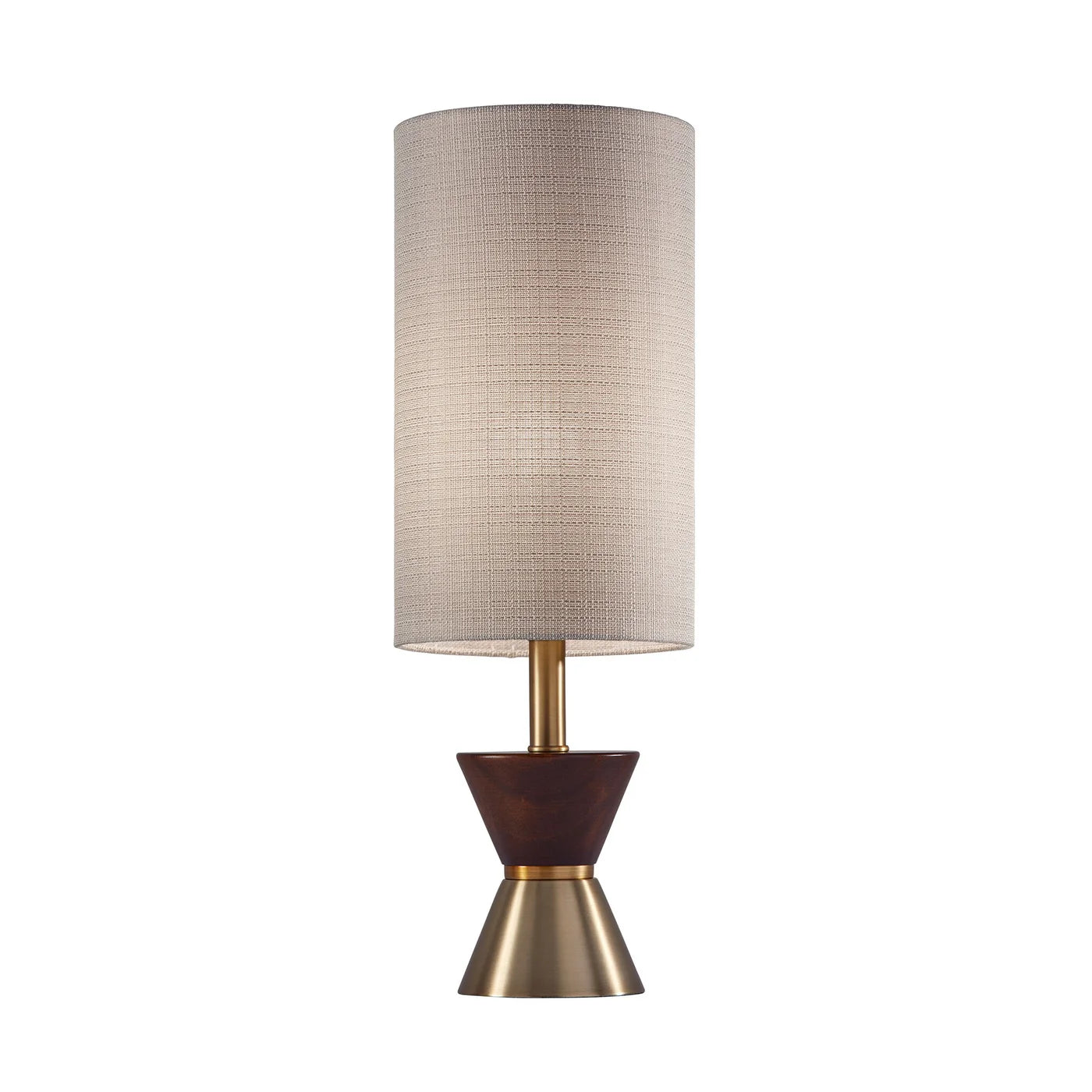 Modern table lamp with cylindrical fabric shade and geometric brass and wood base for home decor lighting