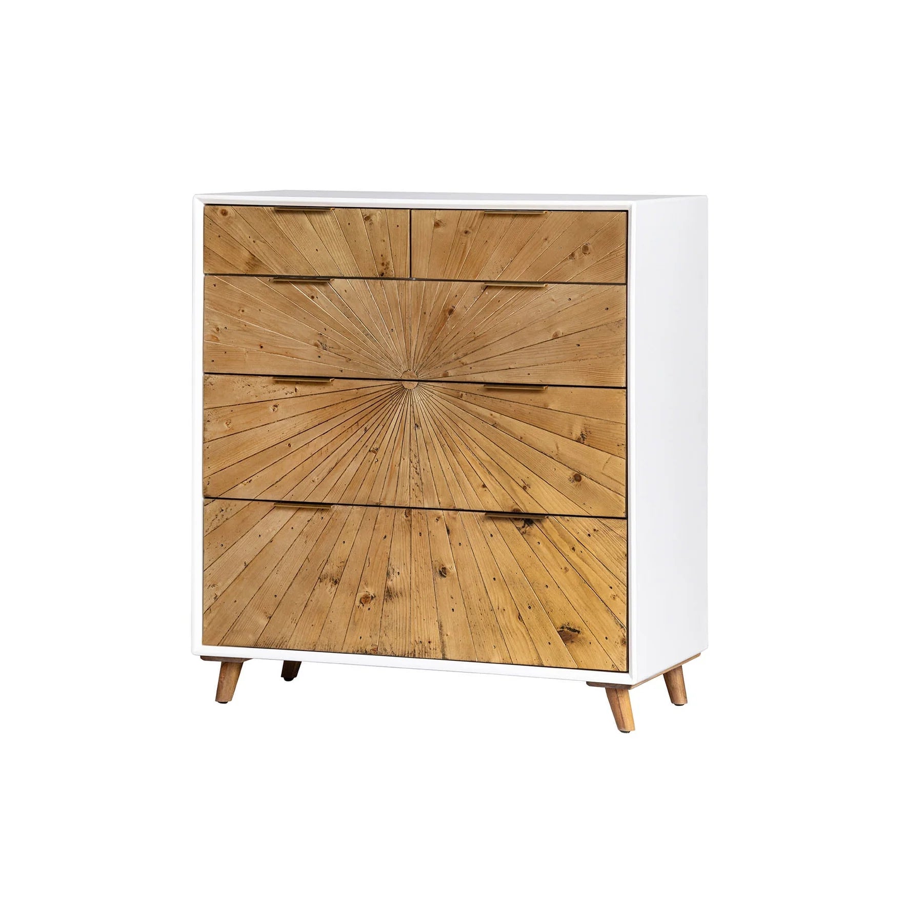 Modern 5-drawer chest with white frame and sunburst patterned natural wood drawer fronts on angled legs