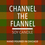 Plaid background with text promoting a hand-poured soy candle scented to channel cozy flannel vibes