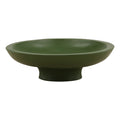 Green outdoor bowl with a wide, shallow design and sturdy pedestal base for garden or patio decor.