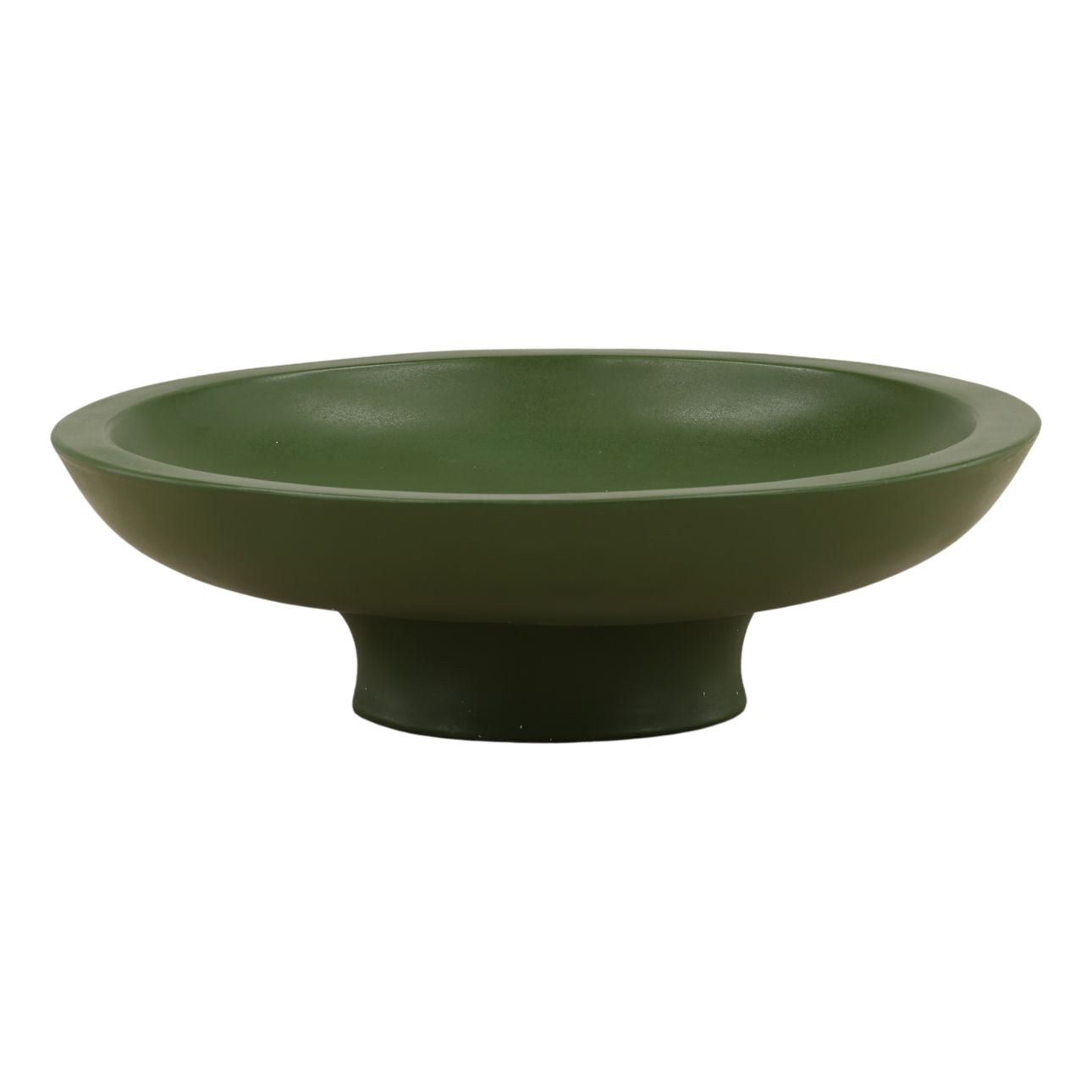 Green outdoor bowl with a wide, shallow design and sturdy pedestal base for garden or patio decor.