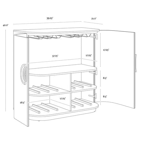 Black and white line drawing of a shoe cabinet or storage cabinet with dimensions labeled, including an open door and multiple shelves.