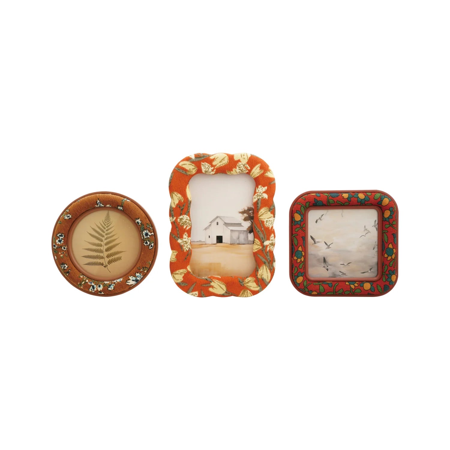 Three decorative picture frames arranged side by side on a plain white background: a round brown frame with a fern motif, an orange scalloped frame with a botanical scene, and a red square frame with flowers.