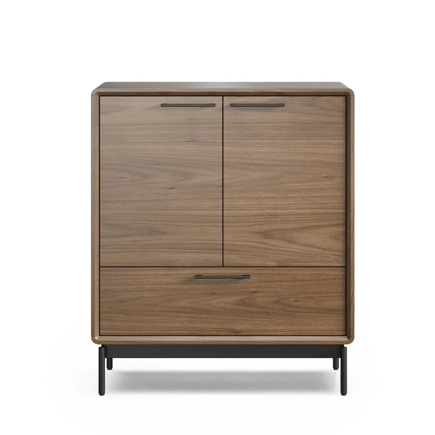 Minimalist wooden entry cabinet with sleek black metal handles and legs, perfect for stylish home storage.