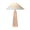 Wood table lamp with a tapered wooden base and a wide, flat, light-colored fabric shade on top