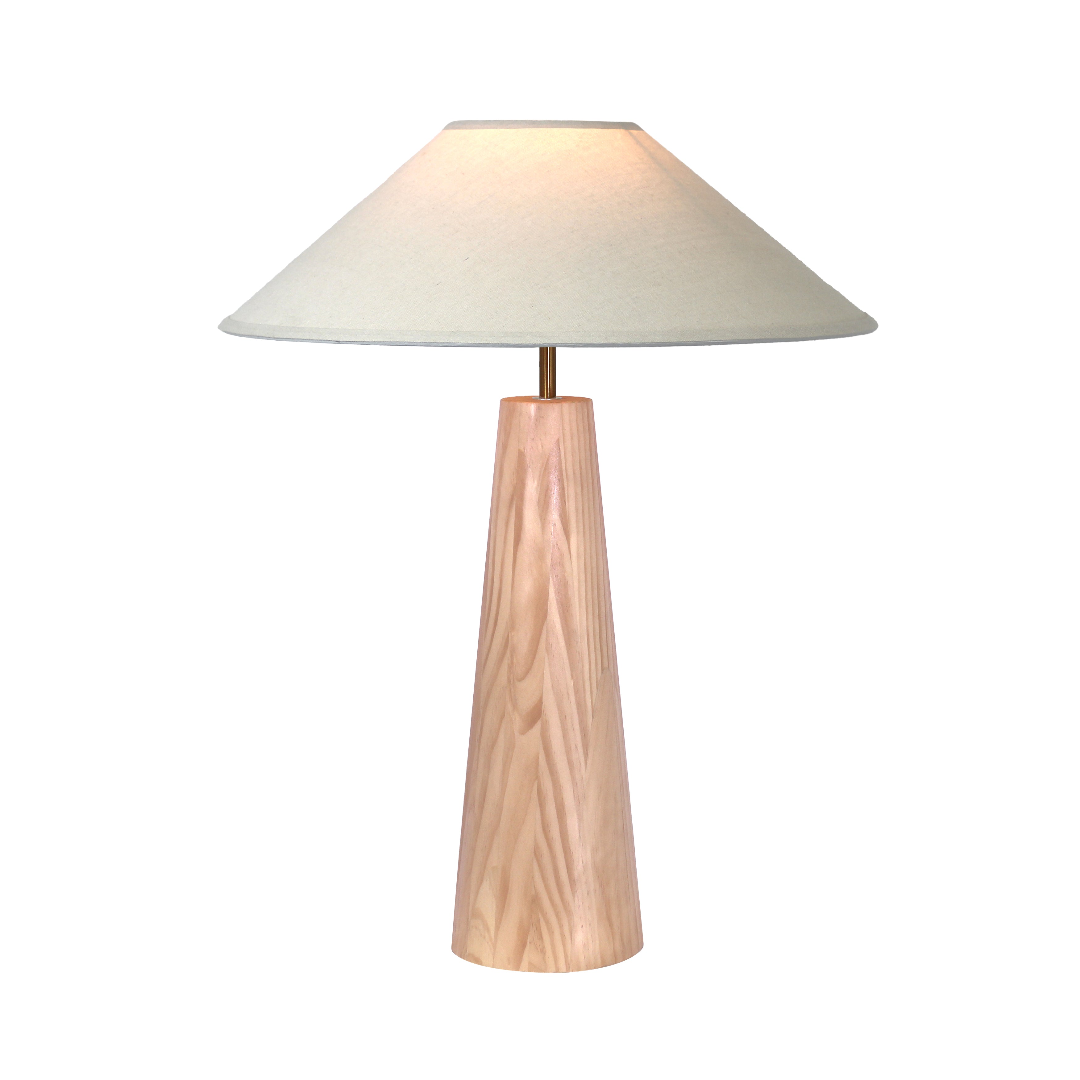 Wood table lamp with a tapered wooden base and a wide, flat, light-colored fabric shade on top