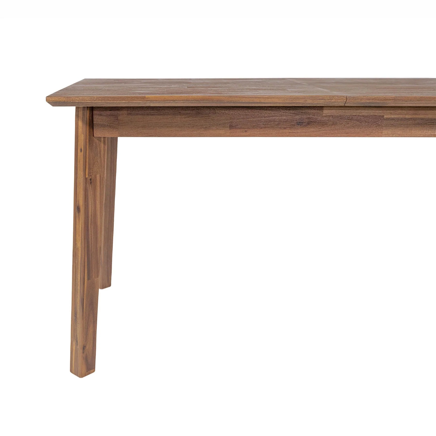 Close-up of a wooden small extension dining table leg and part of the tabletop in natural brown finish