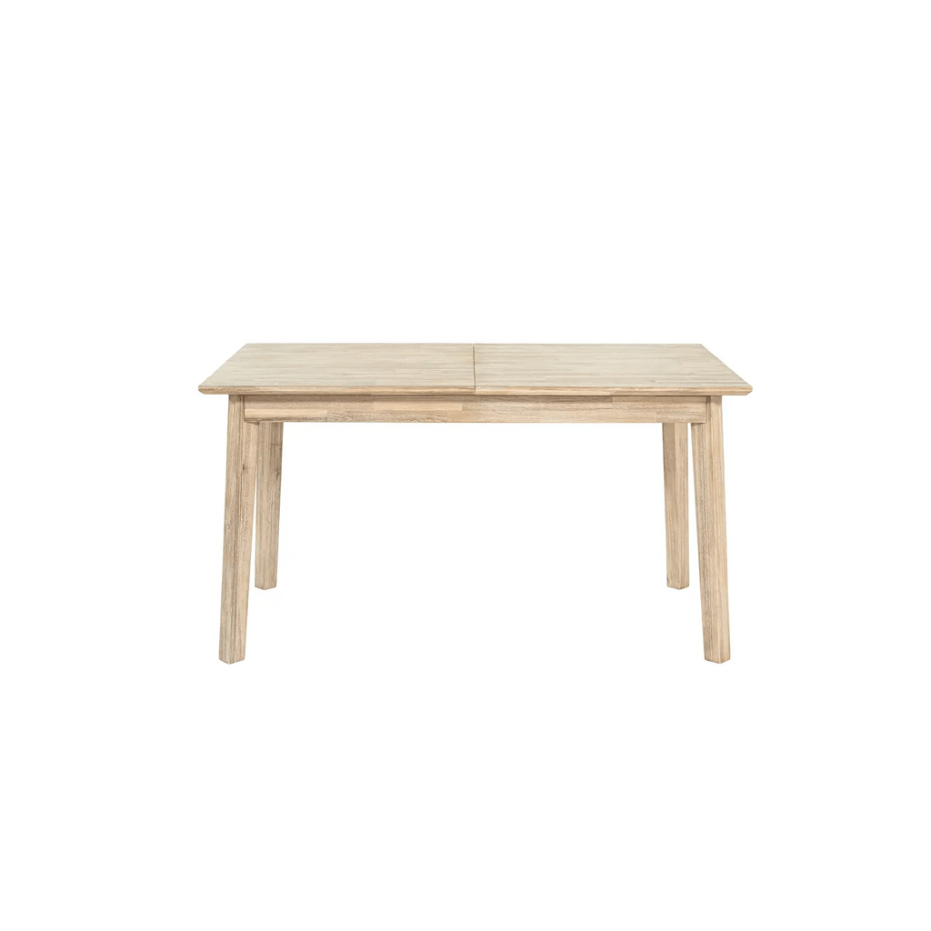 Light wood small extension dining table with clean lines and sturdy square legs on white background