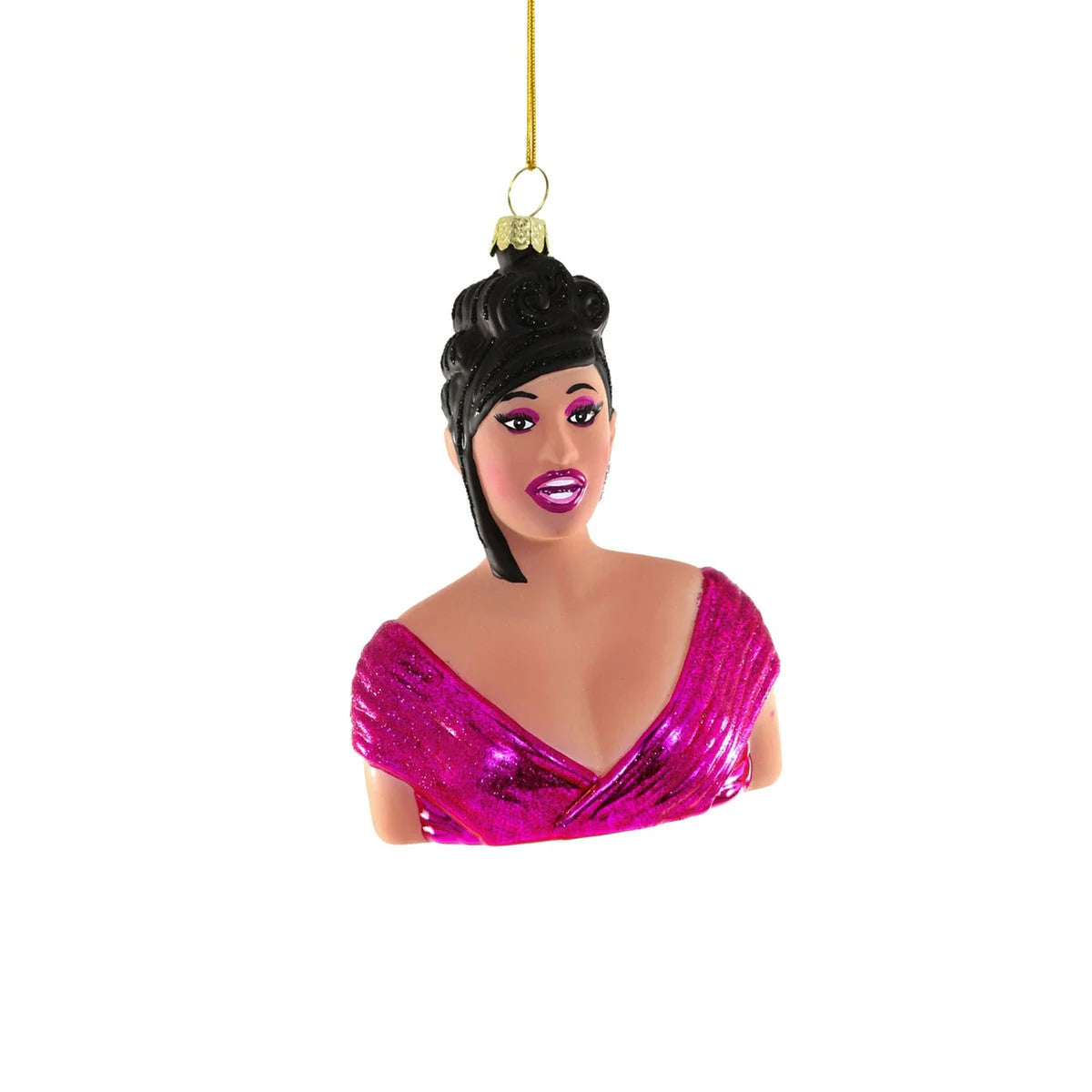 A Christmas tree ornament shaped like a woman with an updo hairstyle, wearing a shiny pink dress and pink lipstick, hanging by a gold string.