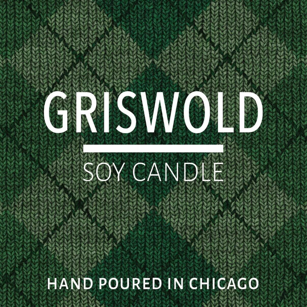 Green knitted pattern background with text "Griswold soy candle hand poured in Chicago