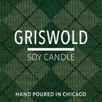 Green knitted pattern background with text "Griswold soy candle hand poured in Chicago
