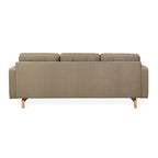 Back view of a modern beige fabric sectional sofa with wooden legs and three cushioned seats