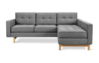Modern gray fabric bi-sectional sofa with tufted cushions and wooden legs, perfect for contemporary living rooms