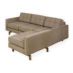 Modern mocha fabric bi-sectional sofa with wooden legs and tufted cushions designed for comfort and style