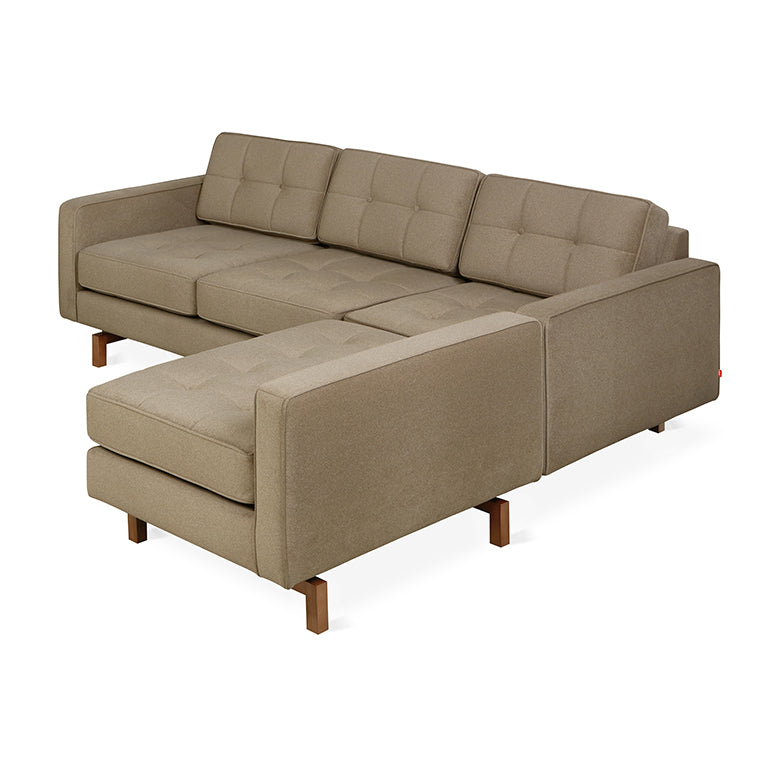 Modern mocha fabric bi-sectional sofa with wooden legs and tufted cushions designed for comfort and style
