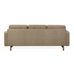 Back view of a modern mocha fabric sectional sofa with clean lines and walnut-finished wooden legs.