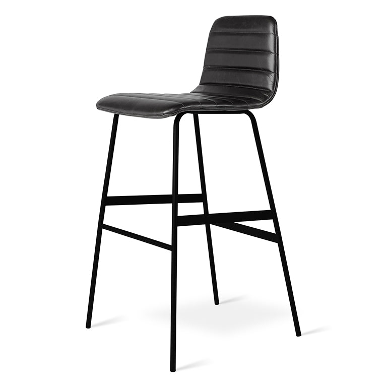 Black upholstered bar stool with a padded seat and backrest supported by a slender metal frame