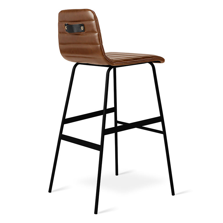 Modern saddle brown upholstered bar stool with black metal frame and horizontal stitching details