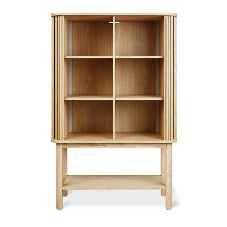 Light wood tall cabinet with multiple open shelves and a lower storage shelf, showcasing modern minimalist design