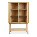 Light wood tall cabinet with multiple open shelves and a lower storage shelf, showcasing modern minimalist design