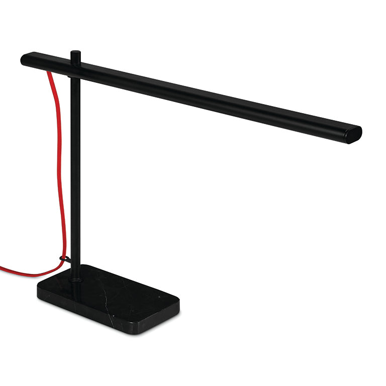 Modern black task lamp with slim horizontal light bar, marble base, and red power cord for desktop use.