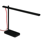 Modern black task lamp with slim horizontal light bar, marble base, and red power cord for desktop use.
