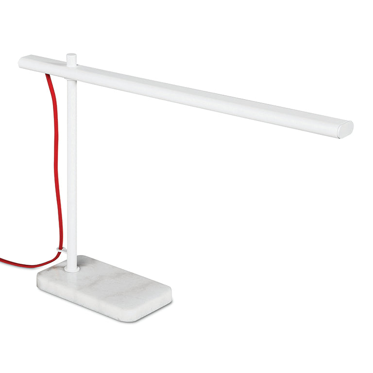 Modern white metal task lamp with marble base and red power cord for home or office lighting