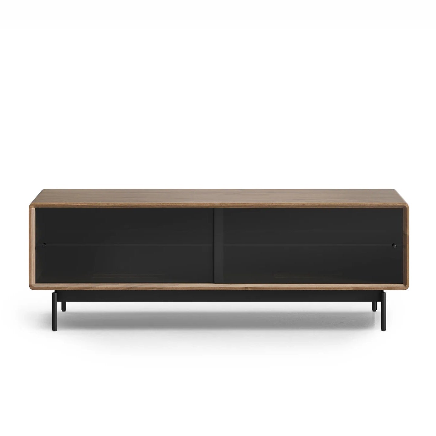 Modern low media console with wooden frame and black sliding doors on metal legs for home decor