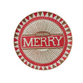 Round decorative metal tray with red, white, and gold geometric patterns and festive "Making Merry" text in the center