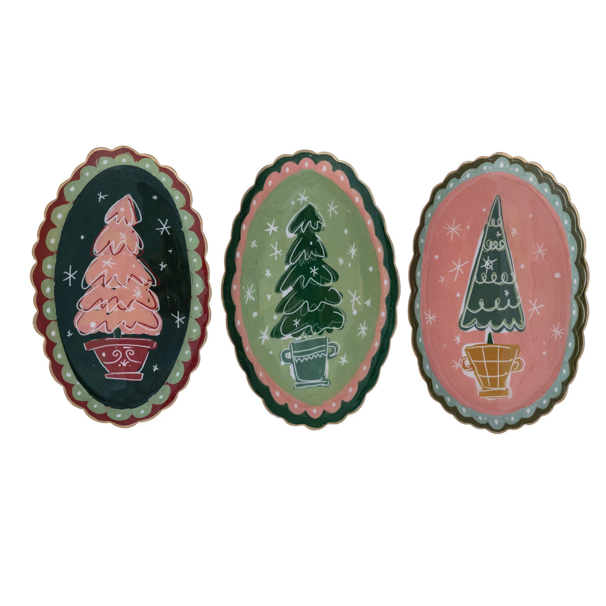Set of three metal scalloped trays with painted Christmas tree designs in festive colors