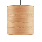 Large cylindrical pendant light with ash wood veneer texture, designed for modern home decor and lighting.