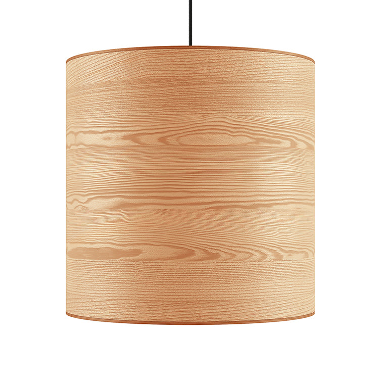 Large cylindrical pendant light with ash wood veneer texture, designed for modern home decor and lighting.