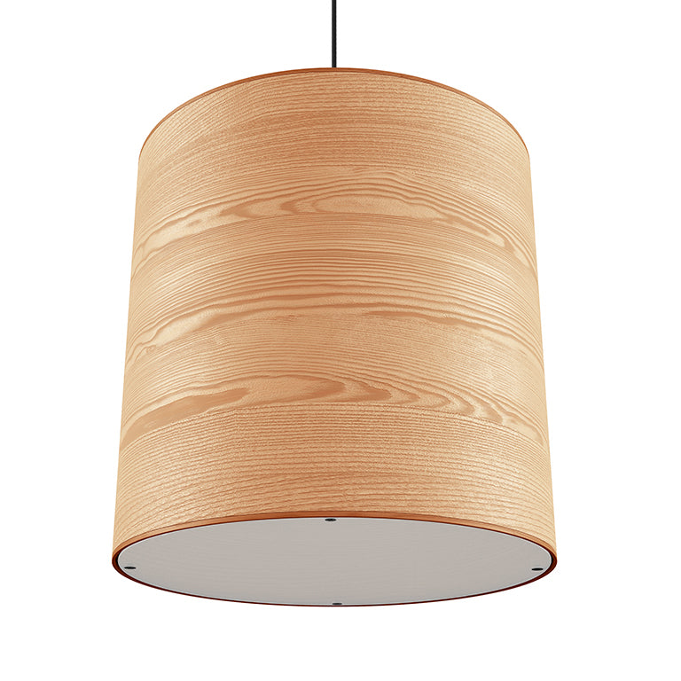 Large cylindrical pendant light with natural ash wood veneer and white diffuser at the bottom hanging by a black cord