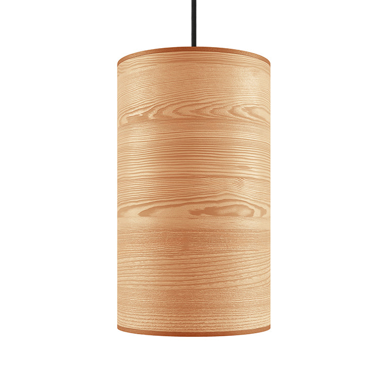 Small cylindrical pendant light with ash wood veneer finish and black hanging cord, minimalist modern design