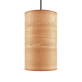 Small cylindrical pendant light with ash wood veneer finish and black hanging cord, minimalist modern design