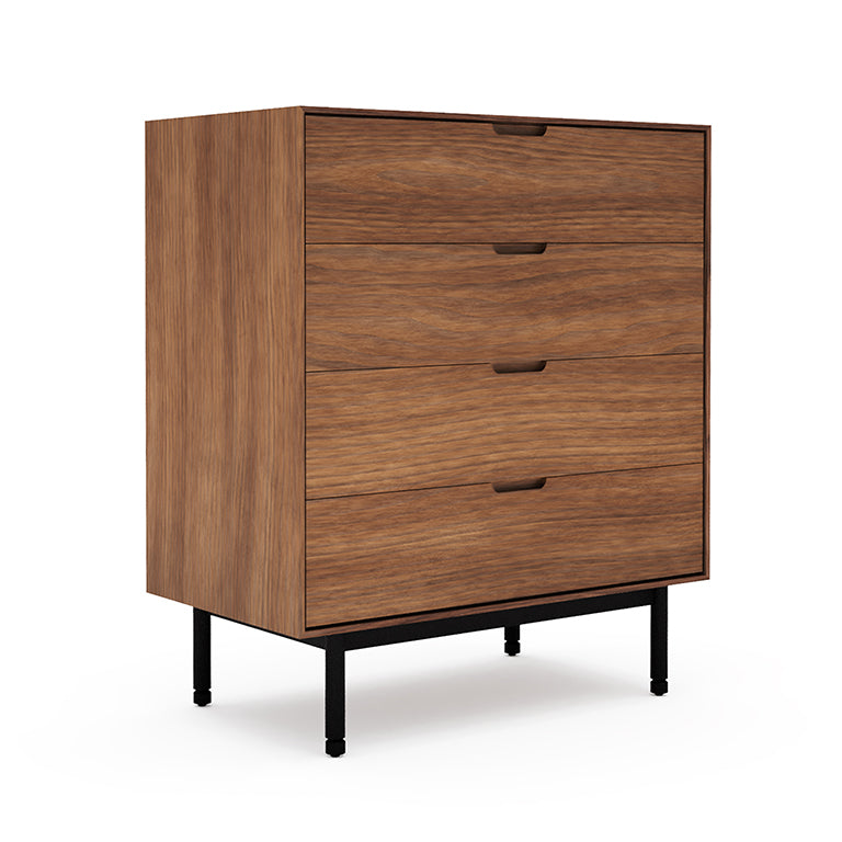 Mid-century modern four drawer dresser in walnut wood with black metal legs and integrated handles.