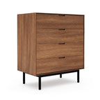 Mid-century modern four drawer dresser in walnut wood with black metal legs and integrated handles.