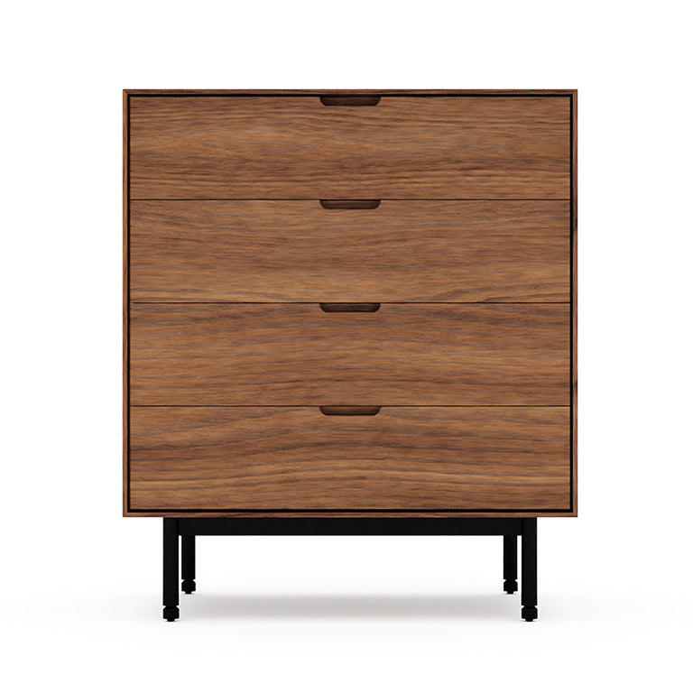 Mid-century modern four-drawer wooden dresser with walnut finish and black metal legs.