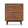 Mid-century modern four-drawer wooden dresser with walnut finish and black metal legs.