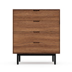 Mid-century modern four-drawer wooden dresser with walnut finish and black metal legs.