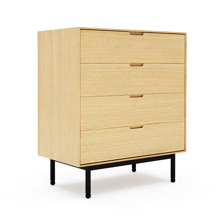 Light oak four drawer dresser with black metal legs in a midcentury modern style furniture design